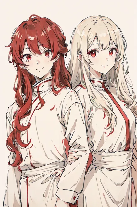 Beige Hair、Red Eyes、Wavy Hair、Long Hair、white and red dress、smile、White background