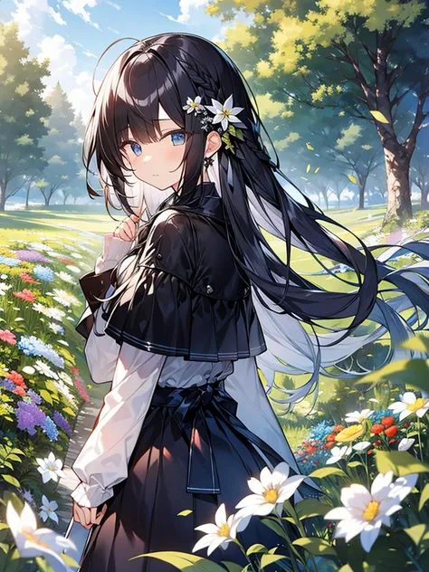 masutepiece, Best Quality,Illustration, Wallpaper, Ultra Detail, Absurd beauty、1 beautiful girl、 (Semi-long hair、short braided hair), Beautiful ultra-detailed eyes , Hair fluttering in the wind、Keep your head small、flower  field、great outdoors、Landscape of...