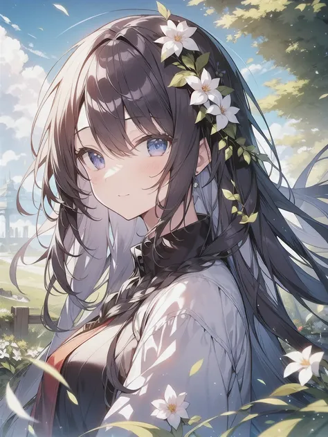 masutepiece, Best Quality,Illustration, Wallpaper, Ultra Detail, Absurd beauty、1 beautiful girl、 (Semi-long hair、short braided hair), Beautiful ultra-detailed eyes , Hair fluttering in the wind、Keep your head small、flower  field、great outdoors、Landscape of...