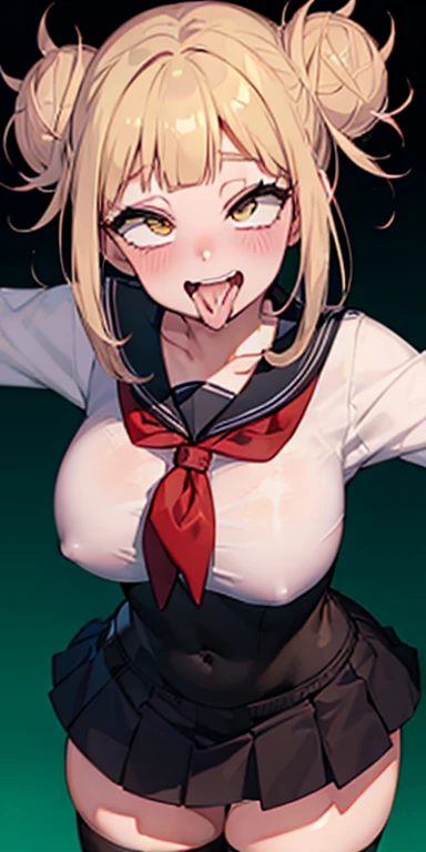 toga himiko, boku no hero academia, 1girl, bangs, black sailor collar, black thighhighs, blonde hair, blue sailor collar, blunt bangs, blush,, brown cardigan, cowboy shot, double bun, grin, hair , yellow eyes , long sleeves, messy hair, narrowed eyes, smil...