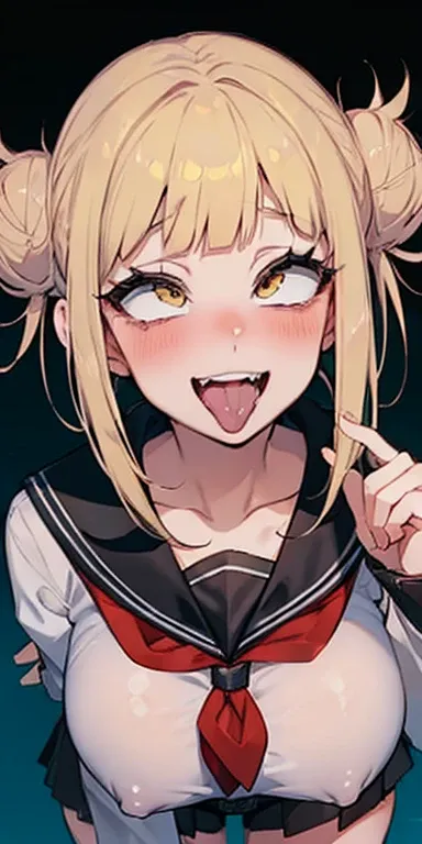 toga himiko, boku no hero academia, One girl, 前hair, Black sailor collar, Black knee socks, blonde hair, Blue sailor collar, blunt 前hair, blush,, brown cardigan, Cowboy Shot, Double good, Grin, hair , Yellow Eyes , Long sleeve, messy hair, I narrowed my ey...