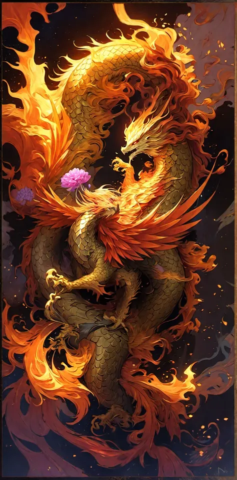 Dragon painting with flowers on a brown background, phoenix dragon, &#39;&#39;Phoenix Wallpapers, &#39;&#39;Phoenix Wallpapers resting, jellyfish phoenix dragon, Phoenix artwork, Decorated with explosions of fire, Golden Dragon, majestic japanese dragon, p...