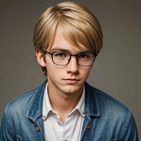 Nerdy boy with medium length blonde hair making a sad  face and in jeans and a button up