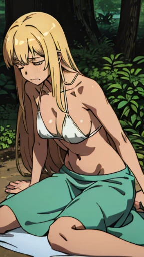 A tanned-skinned anime girl lies despondently on the ground, her hand cradling her abdomen in agony. Her fabric revealing the faint outlines of her ribs. Long sun-kissed locks cascade around her face, concealing it from view. Her despairing expression, etc...