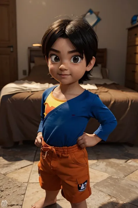 garoto em 3d, pixar, com olhos grandes e cabelo e corpo no estilo do goku