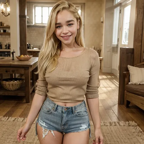 Emilia Clarke with dyed blonde hair wearing beige transparent top and ripped jeans smiling