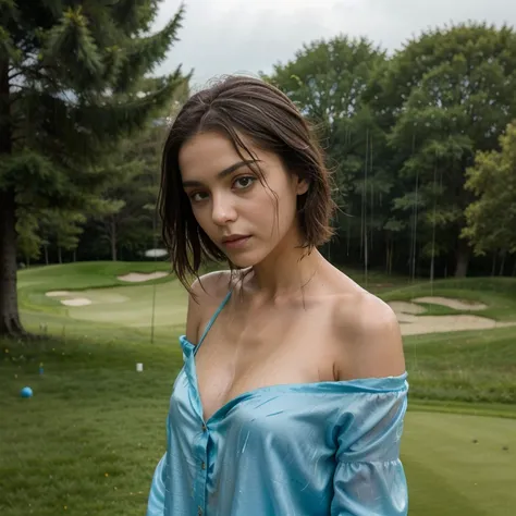 jeune femme de 25 ans, brune aux yeux bleus, en lingerie colorée, summer rain, In a meadow, wet body, silk shirt on the shoulders, porte jarretelle, topless, sur un terrain de golf