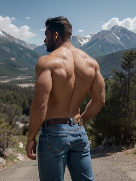  man in lumberjack suit (cuadros blancos y negros), muscular,  (con camisa) enfoque masculino, enfocarse solo, piel bronceada, 38-year old man,  muscular, fuerte, peludo, Masculino, (descamisado), In the background a mountain, en una ciudad, amazing compos...