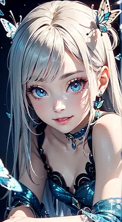 16K high quality wallpapers，surrealist broken glass photography（Fine grain,Long eyelashes,Bright and colorful iris,expressive eyebrows,Blend eyeshadow perfectly,Eyes sparkling,Reflective eyeball，Heterochromia），（Silver-blue long-haired girl ， Lots of hair 1...