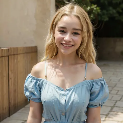 Emilia Clarke with dyed blonde hair in summer weather dressed in light clothing smiling
