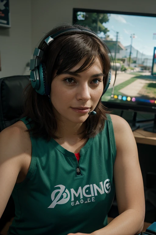 Constance Green, realistically, on gaming Cheer with gaming headset 