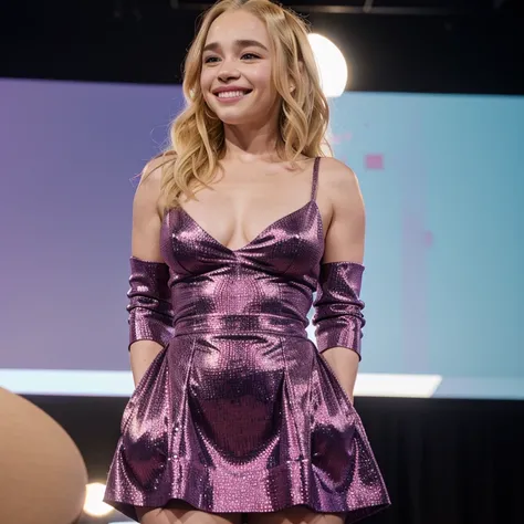 Emilia Clarke with dyed blonde hair wearing short tight dress smiling