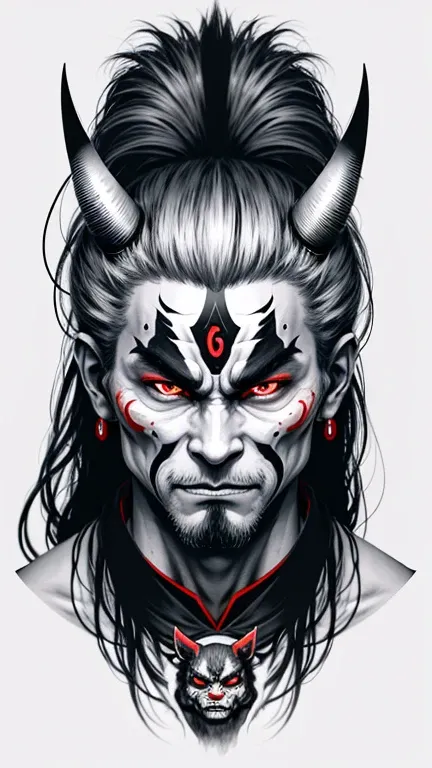 Drawing Made with Charcoal Pencil, 4k, a black and white drawing of a demon face with horns, demon samurai mask, oni mask, samurai with demon mask, samurai mask, Tengu Mask, black and white vector art, samurai demon, Kabuki Mask, inspired by Ryukōsai Jokei...