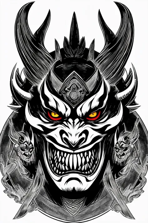 Drawing Made with Charcoal Pencil, 4k, a black and white drawing of a demon face with horns, demon samurai mask, oni mask, samurai with demon mask, samurai mask, Tengu Mask, black and white vector art, samurai demon, Kabuki Mask, inspired by Ryukōsai Jokei...