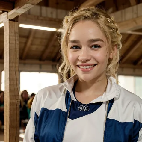 Emilia Clarke with dyed blonde hair dressed as an Olympic gymnast smiling