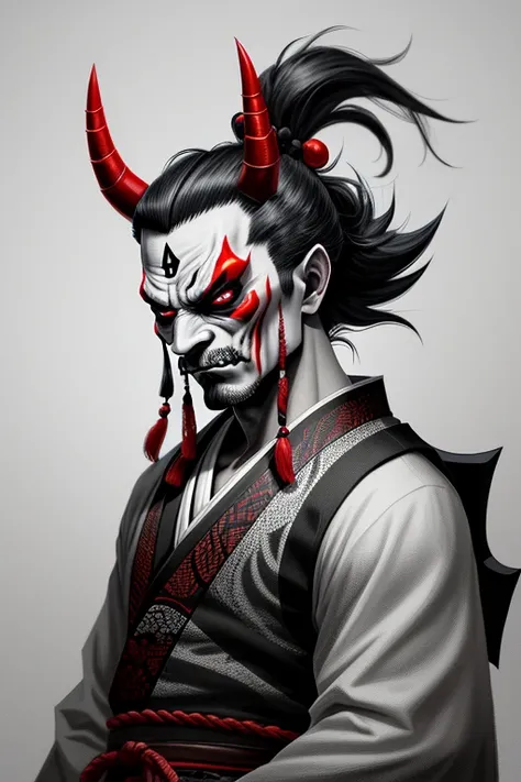 Drawing Made with Charcoal Pencil, 4k, a black and white drawing of a demon face with horns, demon samurai mask, oni mask, samurai with demon mask, samurai mask, Tengu Mask, black and white vector art, samurai demon, Kabuki Mask, inspired by Ryukōsai Jokei...