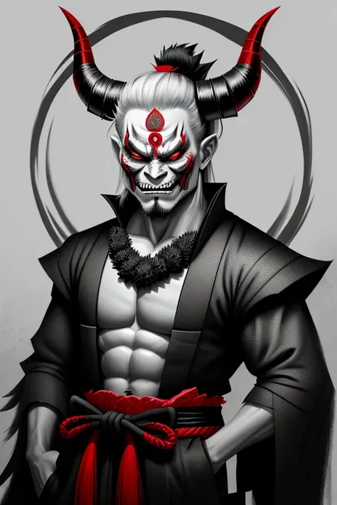 Drawing Made with Charcoal Pencil, 4k, a black and white drawing of a demon face with horns, demon samurai mask, oni mask, samurai with demon mask, samurai mask, Tengu Mask, black and white vector art, samurai demon, Kabuki Mask, inspired by Ryukōsai Jokei...