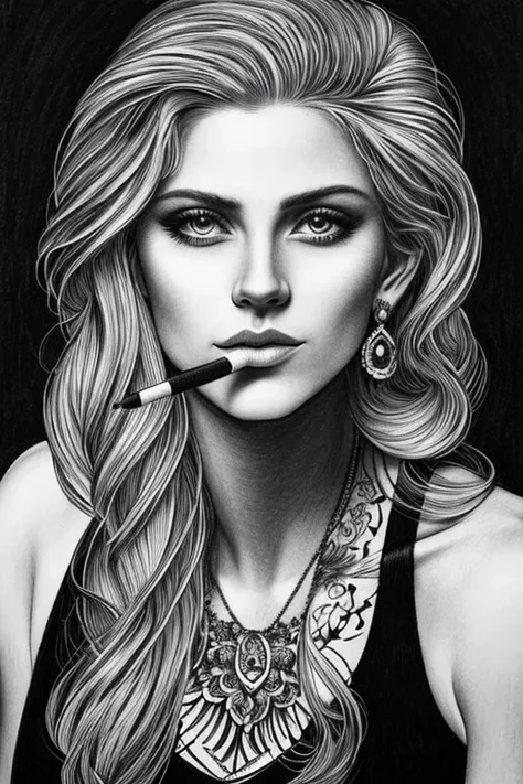 Drawing Made with Charcoal Pencil, 4k, a black and white drawing of a woman smoking a cigarette, by Dave Arredondo, elaborate ink illustration, ink art, highly detailed ink illustration, intricate and bold ink illustration, brush illustration air, highly d...