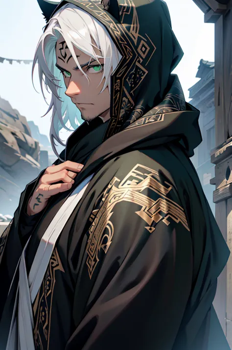 solo, one male, ((green eyes)), white hair in the hood, tall, ominous, wearing edgcultist_hood, from behind, looking back, beaut...