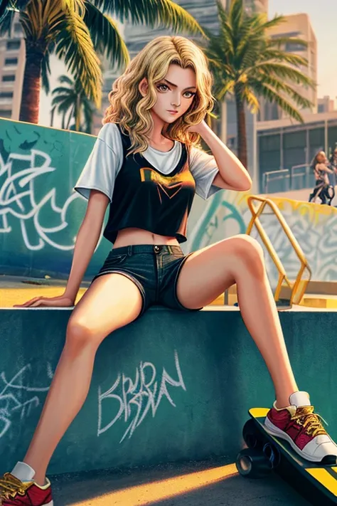 Drawing Made with Charcoal Pencil, 4k, seductive 30-year-old woman with short wavy blonde hair, hazel eyes, small breasts, models body, wearing a white blouse with a colorful print, hazelnut shorts, posing sitting on a ladder with graffiti , trunk, concret...