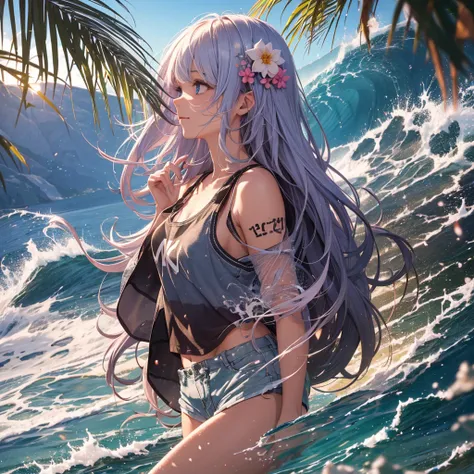 (masterpiece, best quality, ultra detailed, ultra high resolusion, highres,8k:1.4), BREAK,(from side:1.2),(full body:1.5),  20_years_old, 1giri walking,  (the-edge-of-the-waves:1.3), smile, beach, (looking away:1.7), (dark_skin:1.2),(tribal_tatoo:1.2),(wav...