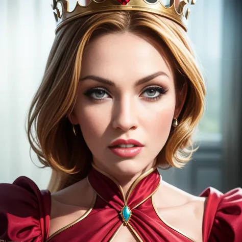 a close up of a woman wearing a crown and a red dress, female disney villain, portrait of evil queen, evil queen, disney weta po...