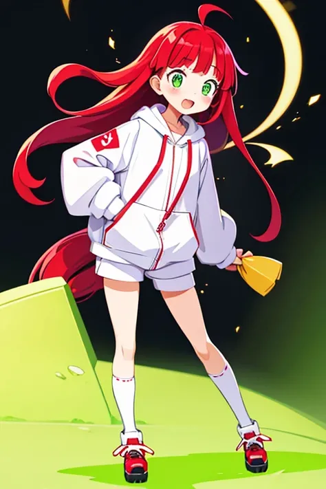  young baby face squishy cheeks shy slanted eyes slightly open mouth red cheeks squishy bangs long flowing hair thin ahoge pale red hair yellow-green eyes white pupils slightly white skin Innerwear shorts baggy cat hoodie leather shoes knee socks shoulder ...