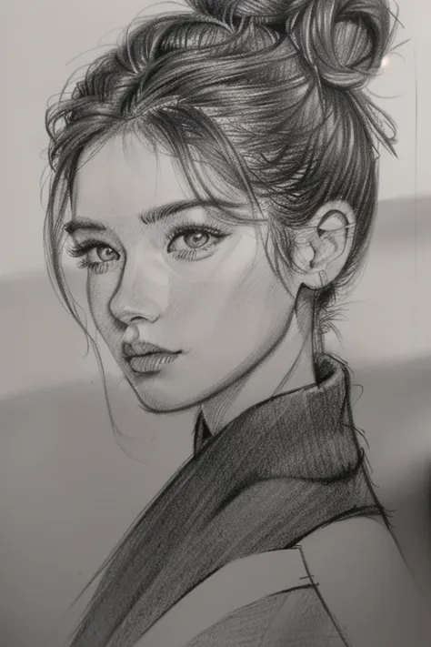 drawing made with charcoal pencil, 4k, (style by nty, drawing: 1.2), a woman, hair bun, front camera, sketch