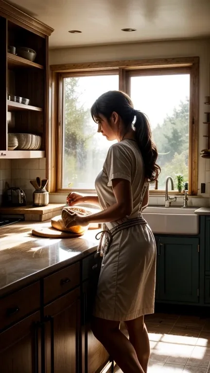 An image of a cozy kitchen with sunlight streaming in through the window, where the woman is kneading dough to make bread.