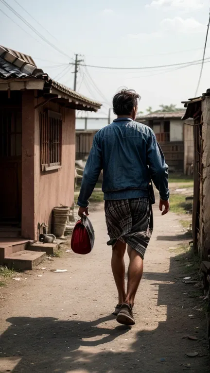 The recurring man approaching the womans house, his worn clothes indicating a difficult life.