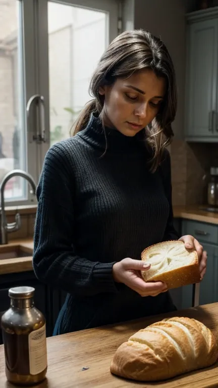 A tense moment as the woman contemplates poisoning the loaf of bread, her hand hovering over it.