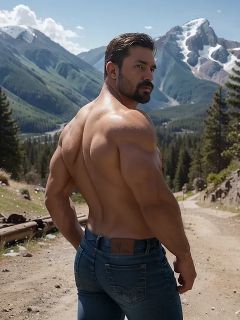 man in lumberjack suit, muscular, bigote, enfoque masculino,  muscular body, Big Bubble butt, shirtless, piel bronceada, 38-year old man,  manos definidas, muscular, fuerte, peludo, Masculino, In the background a mountain, HDR, volumetric lighting, Macho. ...