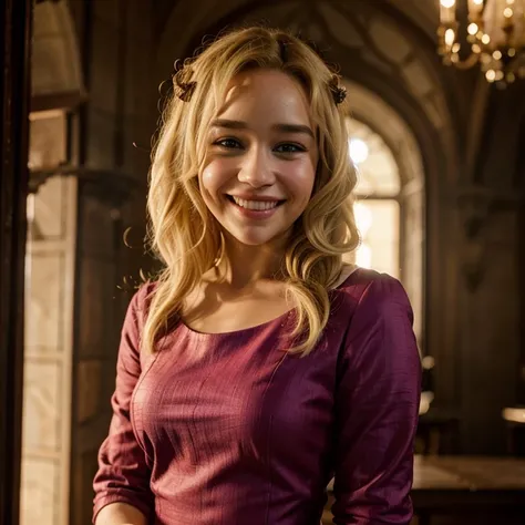 Emilia Clarke with dyed blonde hair dressed as queen of the castle smiling
