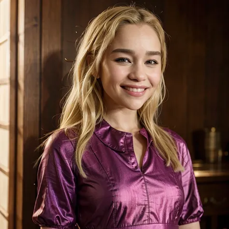 Emilia Clarke with dyed blonde hair dressed in attractive clothes smiling