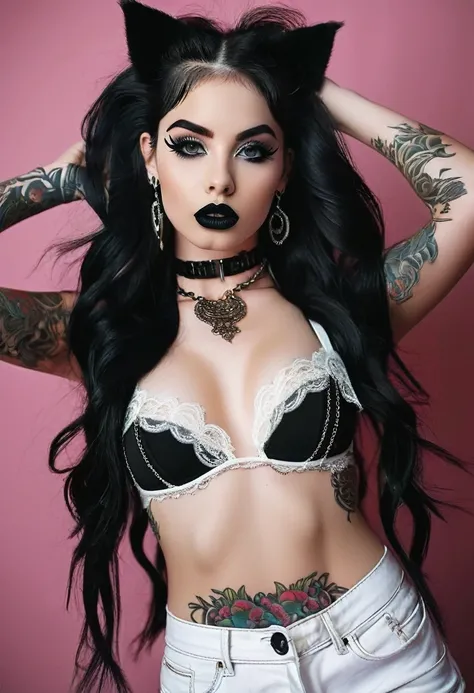 Young short  little goth teen, sexy seductive facial features, tattooed face,high cheek bones, pure white skin, thin curved black eyebrows, long luscious eyelashes, Black eyeliner, dark black eye shadow, thick black lipstick, curved lips, Cleft chin, extre...