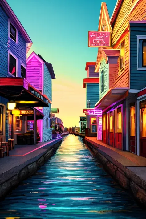 ((best quality)), ((masterpiece)), (detailed), Liminal space, dream core, nostalgia core, Anemoia, Kenopsia, Neo-Noir aesthetic, After Hours Aesthetic, Cyberpunk Aesthetic, Coastal seaside town, located in Maine, location based on Kennebunkport, Maine, loc...