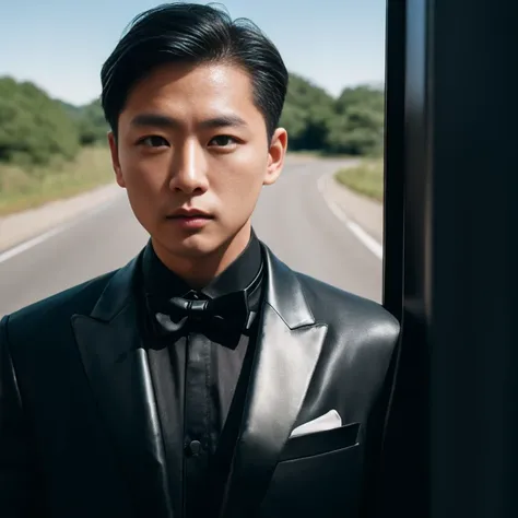 Asian man on the road，Modern glossy black leather tuxedo suit., Exaggerated colors, 8K images, Shot with a high quality camera with 45000000000 pixels.