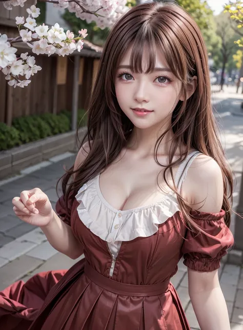 beautiful features、Japanese、brown hair、((curly hair、red eyes、Drooping eyes:1.2))、shiny smooth hair, thick bangs、(bright smile:1.2), ((Image Processing Algorithms：1.2))、highly detailed eyes, highest quality, Ultra HD, Beautiful and vivid illustrations、high ...