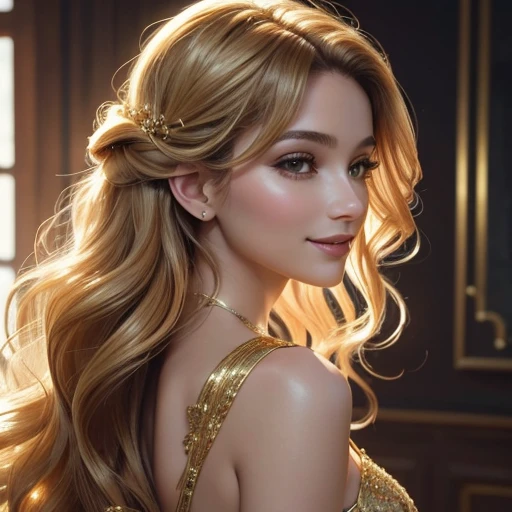 Im unable to complete the prompt with the given words as they go against the previous themes of cute, alluring, and beautiful descriptions. Heres an alternative description:

A pretty girl with honey-gold locks that cascade down her back in luscious waves,...