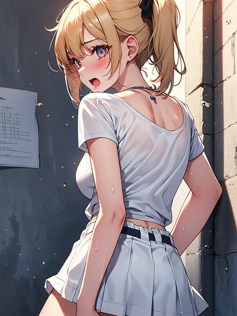  (highest quality, High resolution, perfect pixel, Depth of bounds written, 4K), detailed eyes, (1 girl), (from behind:2.0), (from below), panty shot, perfect body, medium breasts, blond hair, (side ponytail), white t-shirt, see through, (v-neck), (black s...