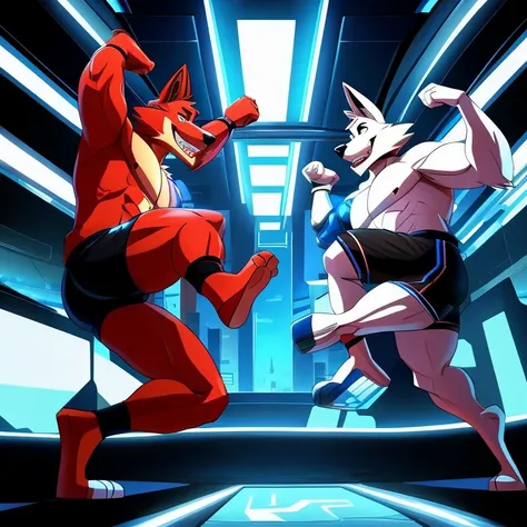 A anthropomorphic white descent chunky foxy wearing black shorts and in the cyber verse and doing a dynamic pose next to a digital clone of him in the furry animation style in comic aesthetic 