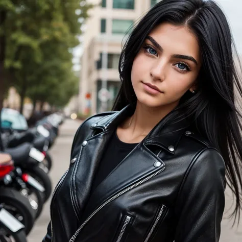 girl, beautiful, teenager, black hair, blue eyes, biker clothes, Isis Valverdes face,