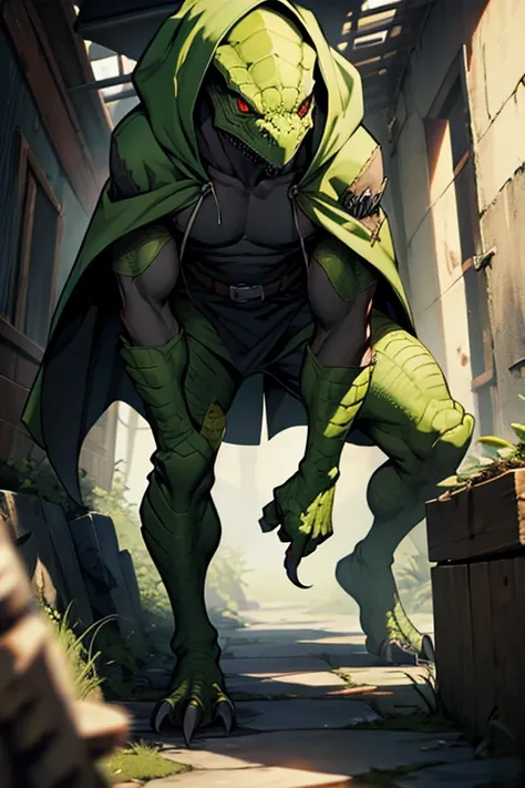 menacing lizardman sneaking around dressed in tattered hooded cloak