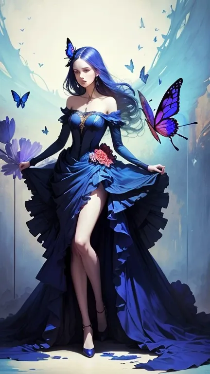 Create the image of a girl, blue dress, Anne Bachelier style art, butterflies, blooming flowers, bright colors, atmospheric, moving, full body, organic composition