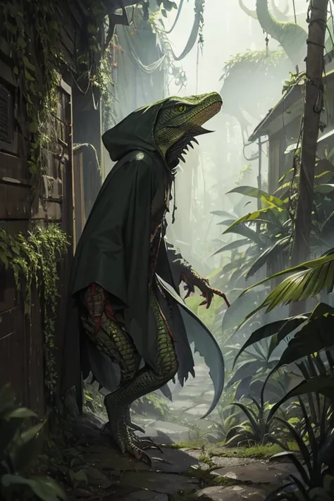 menacing lizardman sneaking around dressed in tattered hooded cloak, rainforest