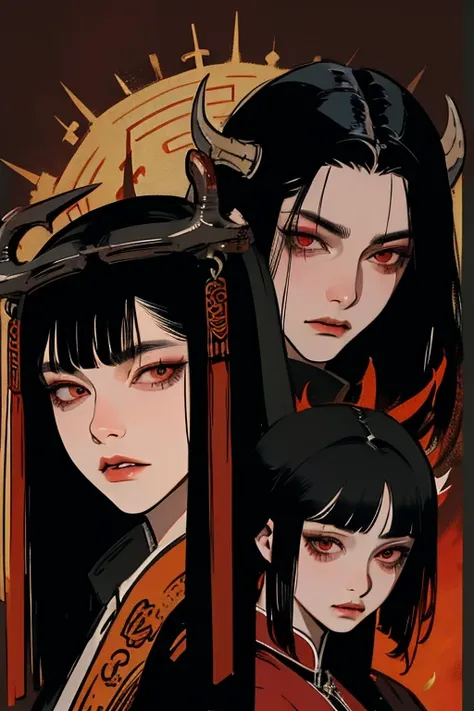 Chinese traditional vestments, black hair, red eyes, fangs, fringe