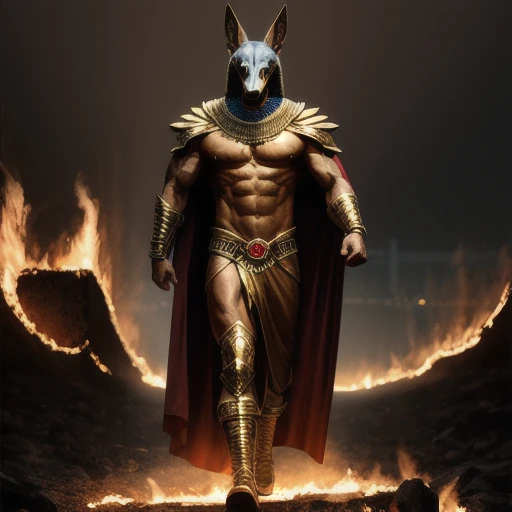 (high quality), photorealistic, (oil painting)
jewelry, (solo),
(dynamic pose), towards right, ((hell gate)), fire, hell landscape, (the underworld), (dark landscape),
anubis, egyptian jackal headed god, anthro, muscular, (holding golden scales), dynamic p...