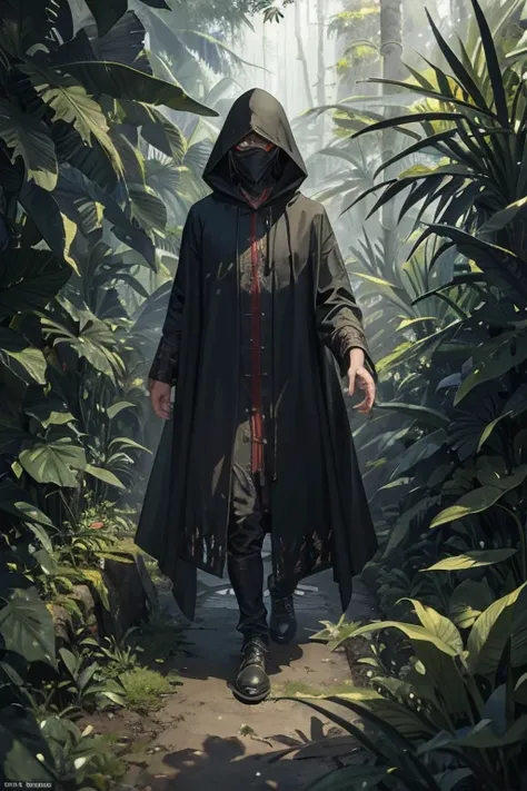 menacing reptilian sneaking around dressed in tattered hooded cloak, rainforest