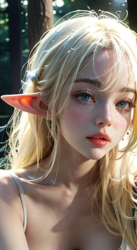 marilyn monroe as an elf. photorealistic shining blonde hair in front of a elegant elf face、long silky bangs over the eyes, slen...