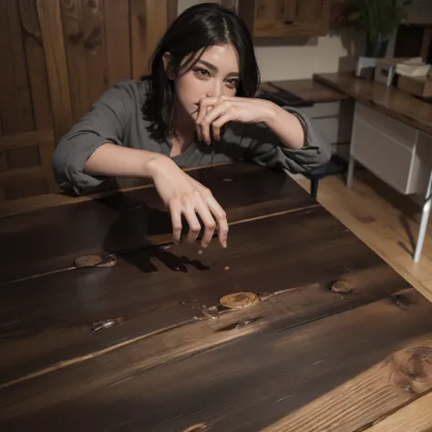 realistic hand on a wooden desk, wet skin